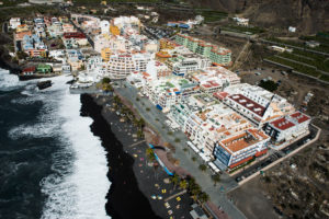 Puerto Naos with volcano beach and seafront, La Palma, aerial picture, Canary islands, Spain Puerto Naos with volcano beach and seafront, La Palma, aerial picture, Canary islands, Spain